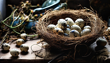 An abandoned nest with beautifully speckled eggs.