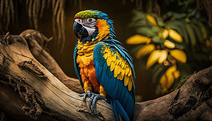 A colorful macaw perched on a tree branch