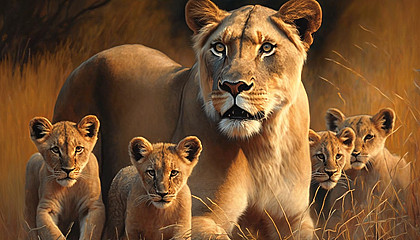A lioness with her cubs in the savannah