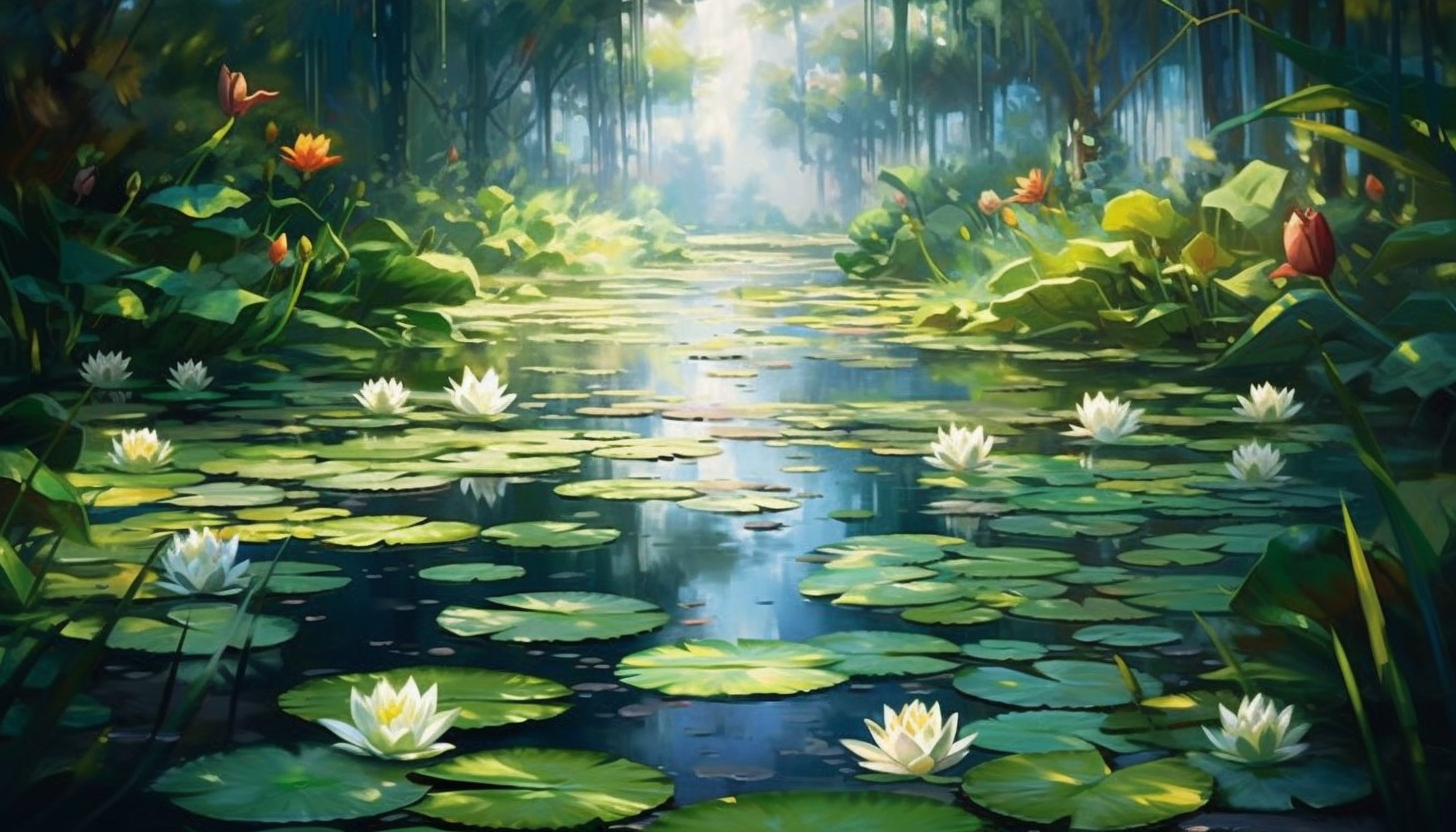 A tranquil pond filled with blooming water lilies.