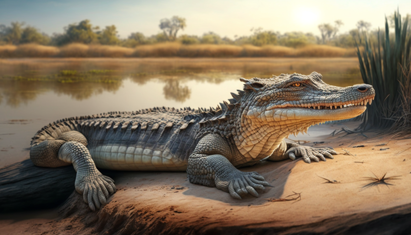 A crocodile basking in the sun on a riverbank