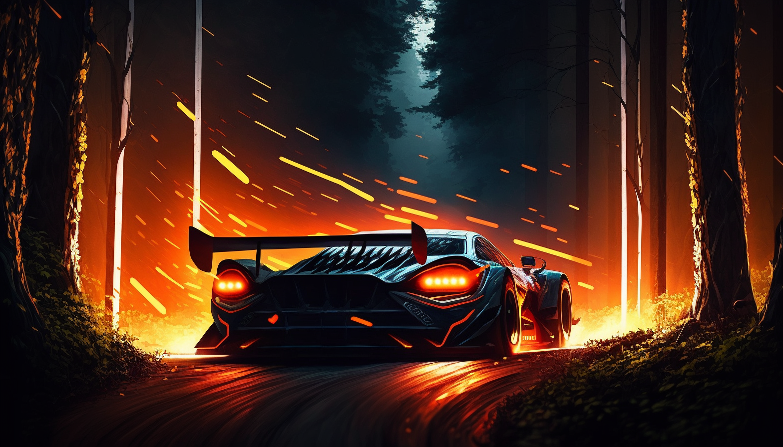 A race car speeding through a dark forest with its tail lights creating a trail of fire behind it.