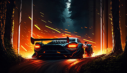 A race car speeding through a dark forest with its tail lights creating a trail of fire behind it.