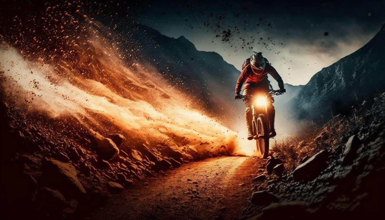 A bike rider zooming down a mountain trail with sparks flying from the wheels and a fiery sunset in the background.