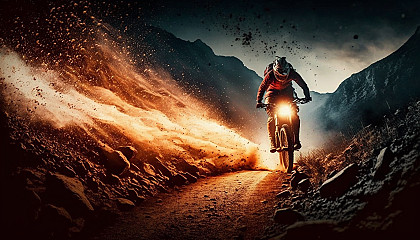 A bike rider zooming down a mountain trail with sparks flying from the wheels and a fiery sunset in the background.