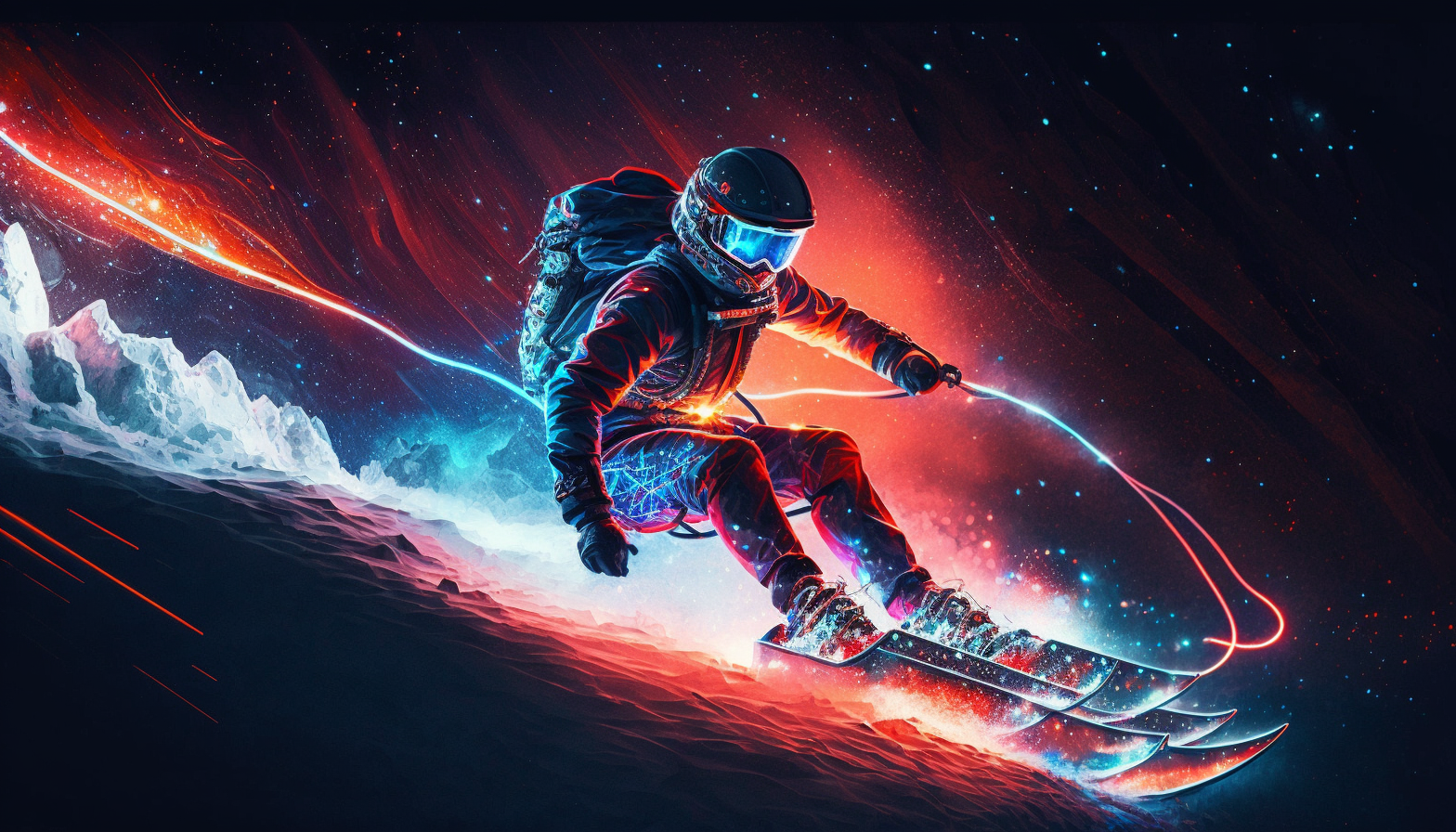 A skier racing down a snowy slope at night with glowing red and blue lights highlighting their movements.