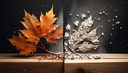 Art depicting the shift between seasons, like autumn leaves turning into winter snow.