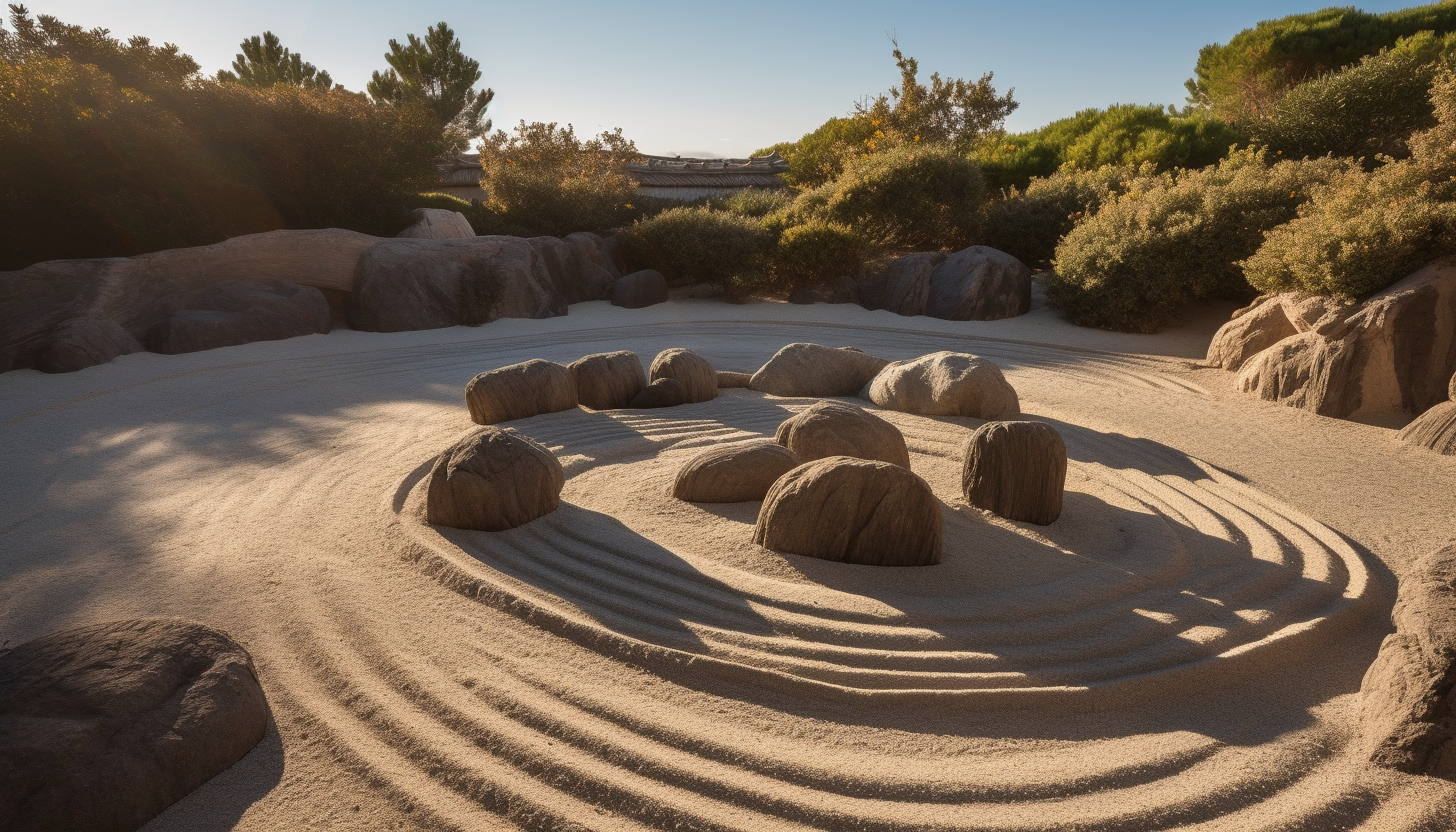 A peaceful zen garden with carefully arranged rocks and sand patterns.