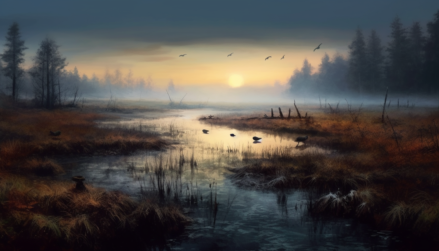 A misty marshland at dawn, filled with sounds of awakening wildlife.