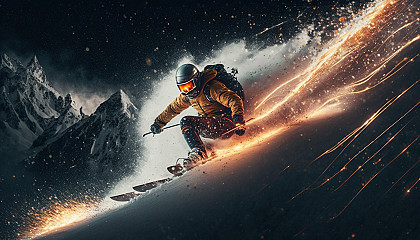 A skier carving down a mountain slope with sparks flying off their skis.