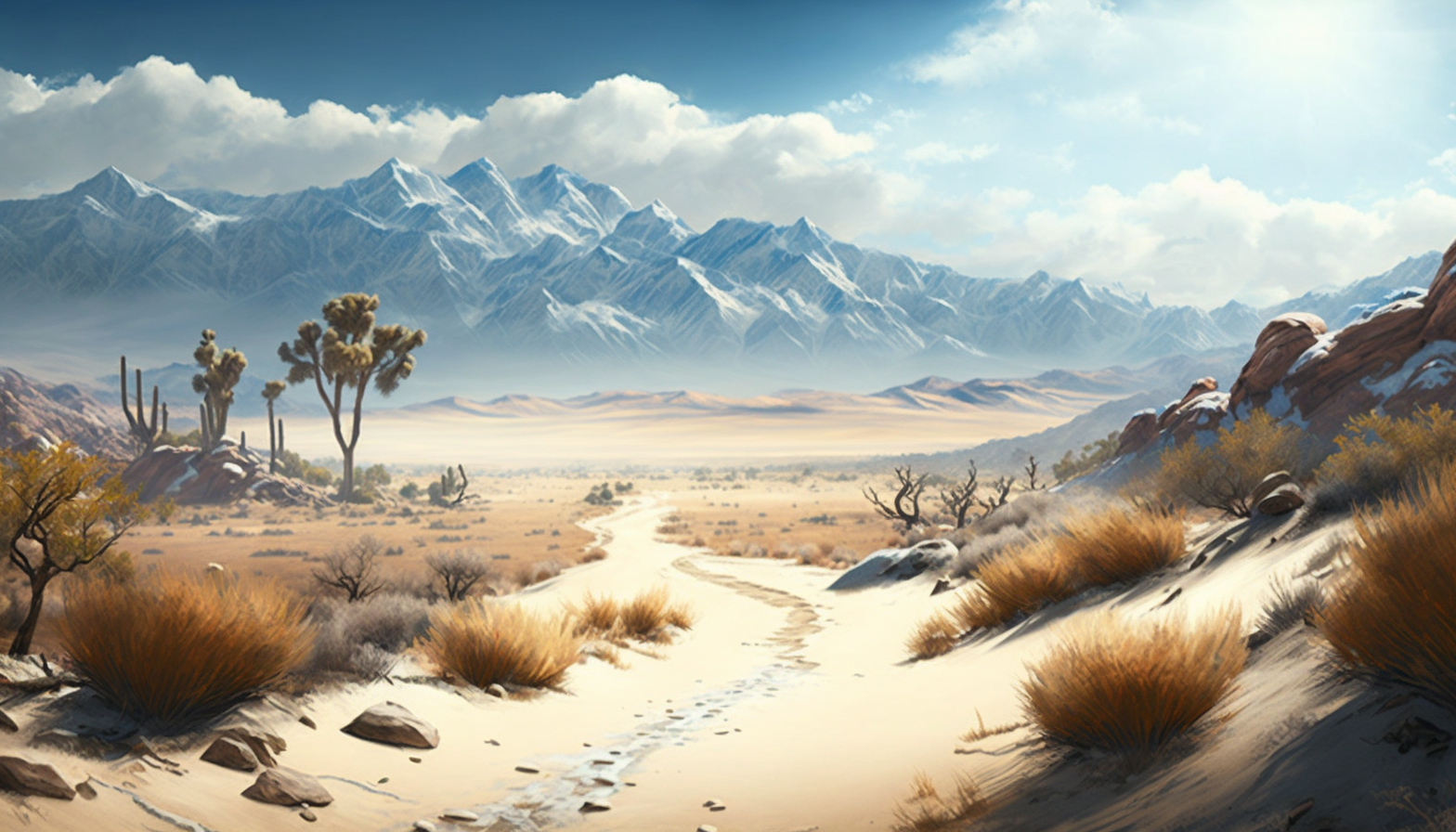 A desert landscape with snow-capped mountains in the background