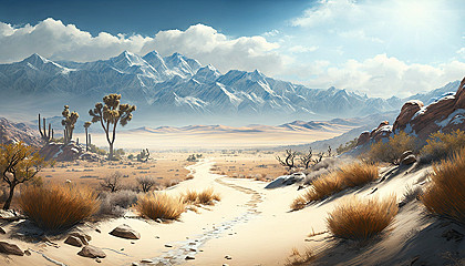 A desert landscape with snow-capped mountains in the background