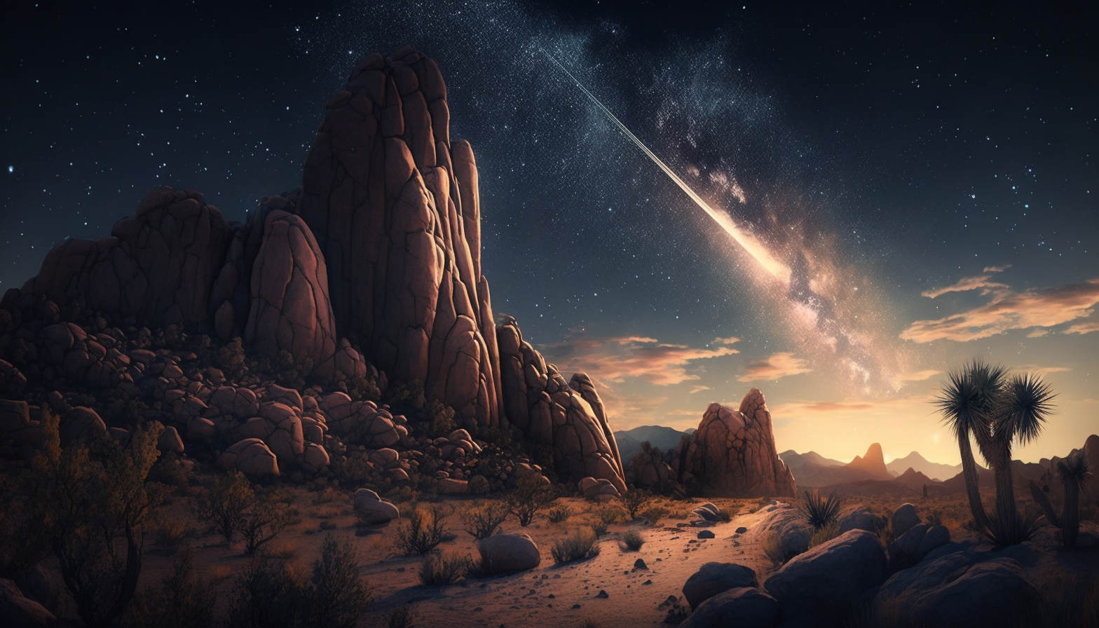 A rocky desert landscape with a shooting star streaking across the sky.