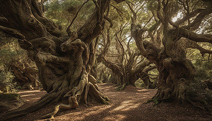 Ancient, gnarled trees with intertwining branches and roots, creating unique patterns.