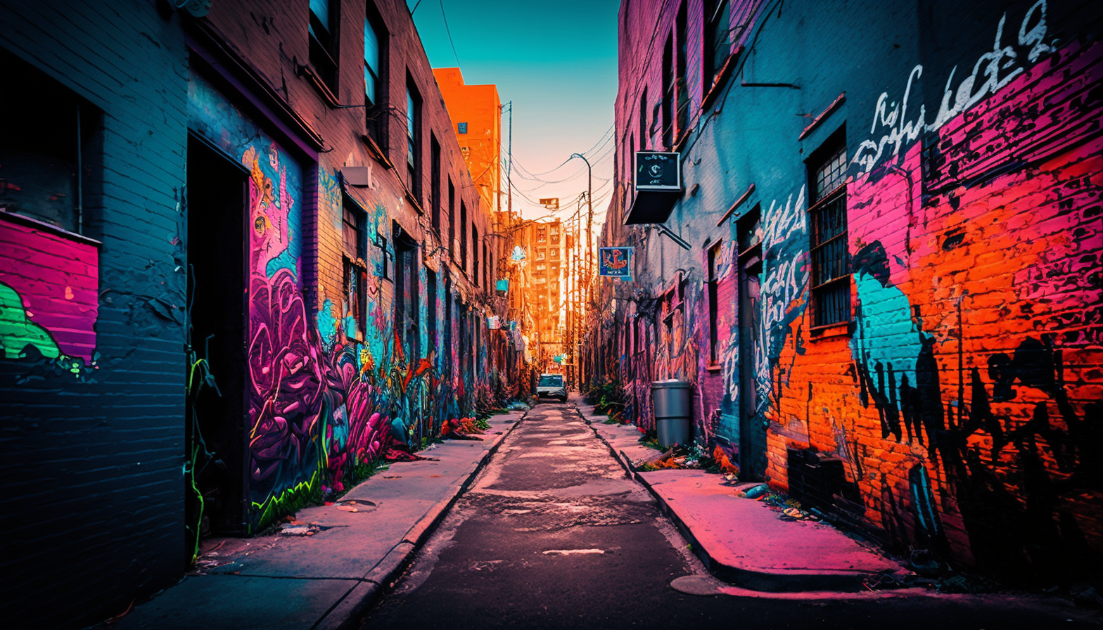 A photograph of a graffiti-covered alleyway bursting with color