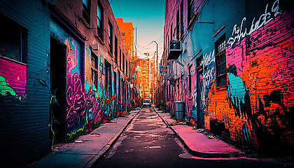 A photograph of a graffiti-covered alleyway bursting with color