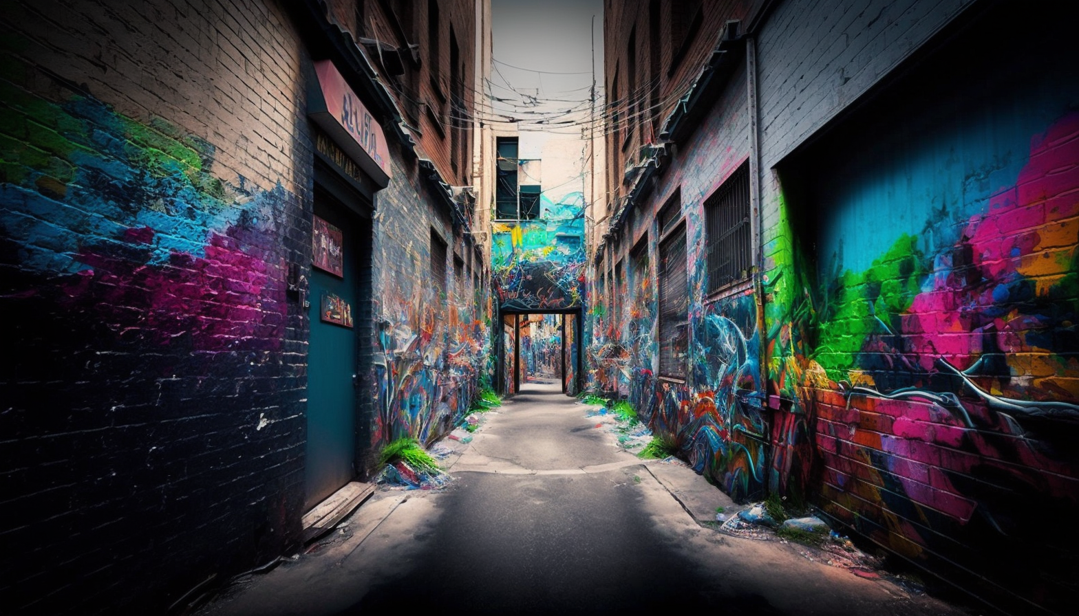 A photograph of a graffiti-covered alleyway bursting with color