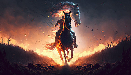 A horse and rider galloping through a field with the horse's mane and tail on fire and a trail of light behind them.
