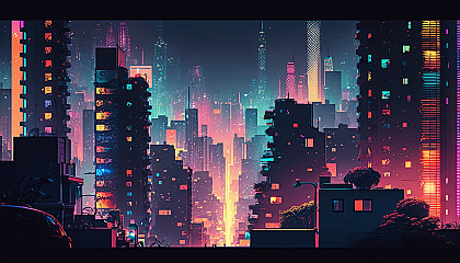 A digital art piece of a colorful cityscape at night
