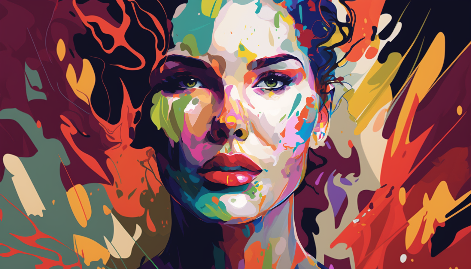 A digital portrait of a person with colorful, abstract shapes in the background