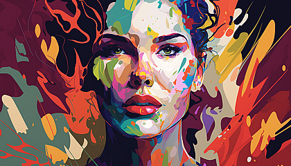 A digital portrait of a person with colorful, abstract shapes in the background