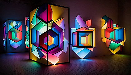 An art installation featuring bright, multicolored lights or projections.