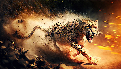 A cheetah running at high speed through a fiery jungle.