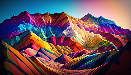 "Rainbow Mountains": A breathtaking landscape of mountains in vibrant colors, illuminated by the sun.
