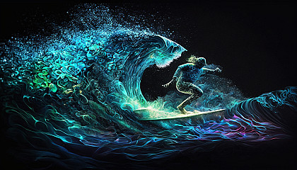 A surfer riding a wave at night with the water illuminated by glowing blue and green lights, creating a sense of motion and speed.