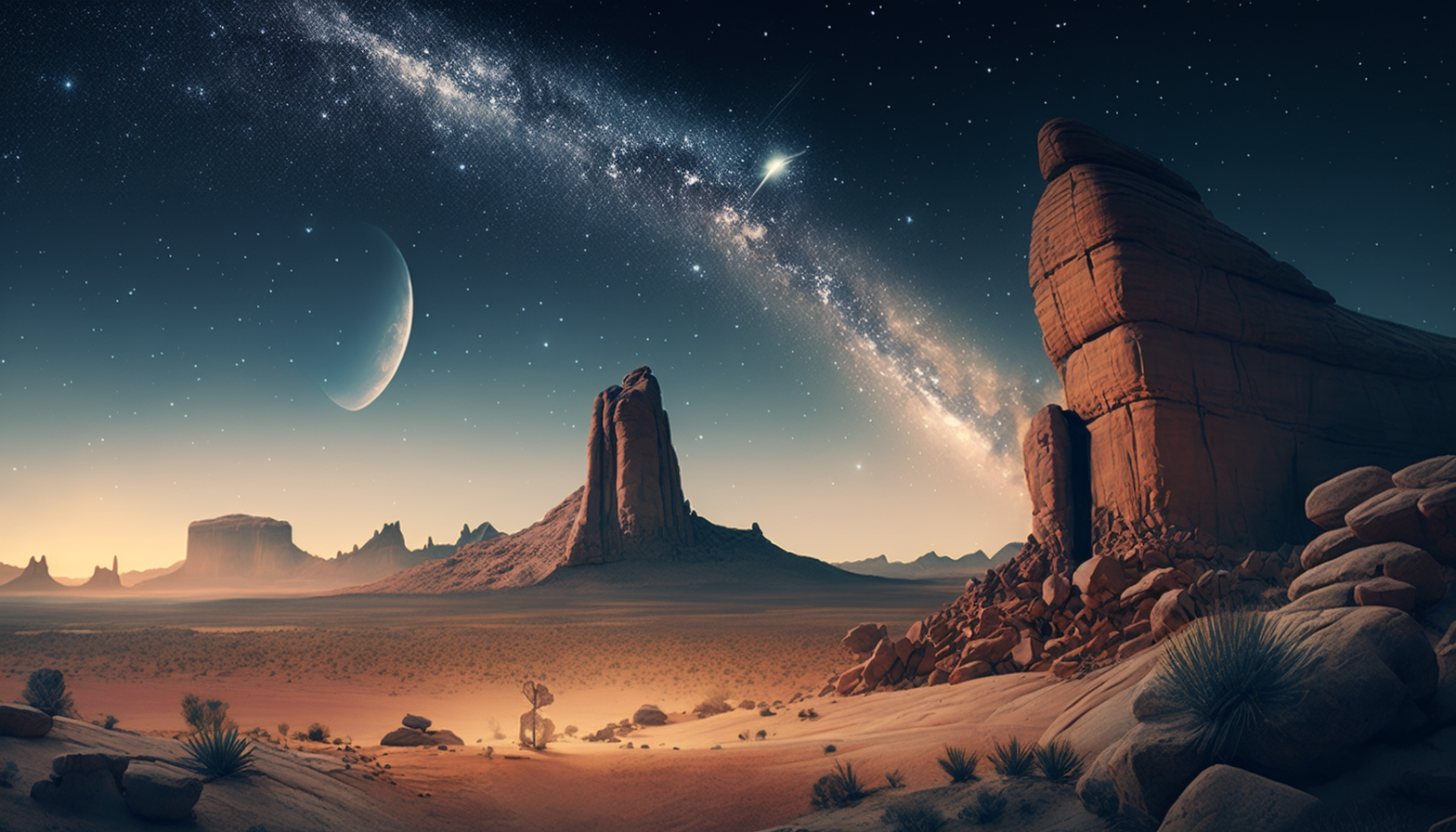 A rocky desert landscape with a shooting star streaking across the sky.