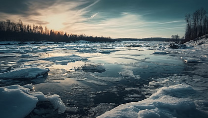 Frozen landscapes with ice formations, glaciers, and snowy expanses.