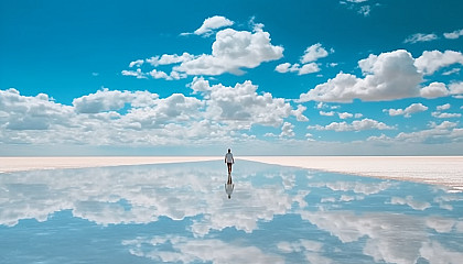 An expanse of salt flats, reflecting the sky like a mirror.