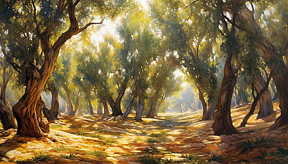 Dappled sunlight shining through a dense grove of olive trees.