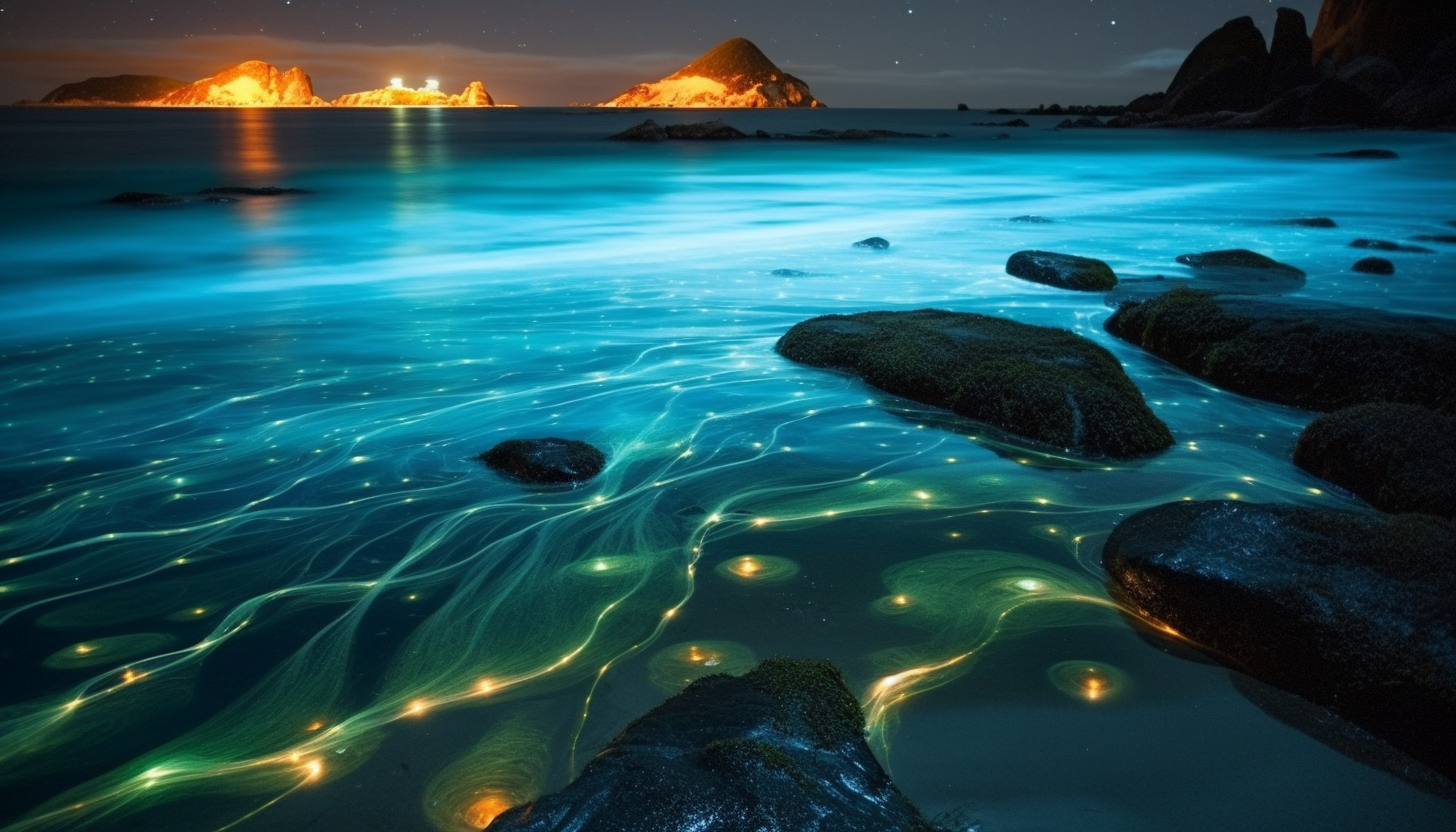 Dazzling bioluminescent plankton on a dark beach.