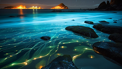 Dazzling bioluminescent plankton on a dark beach.