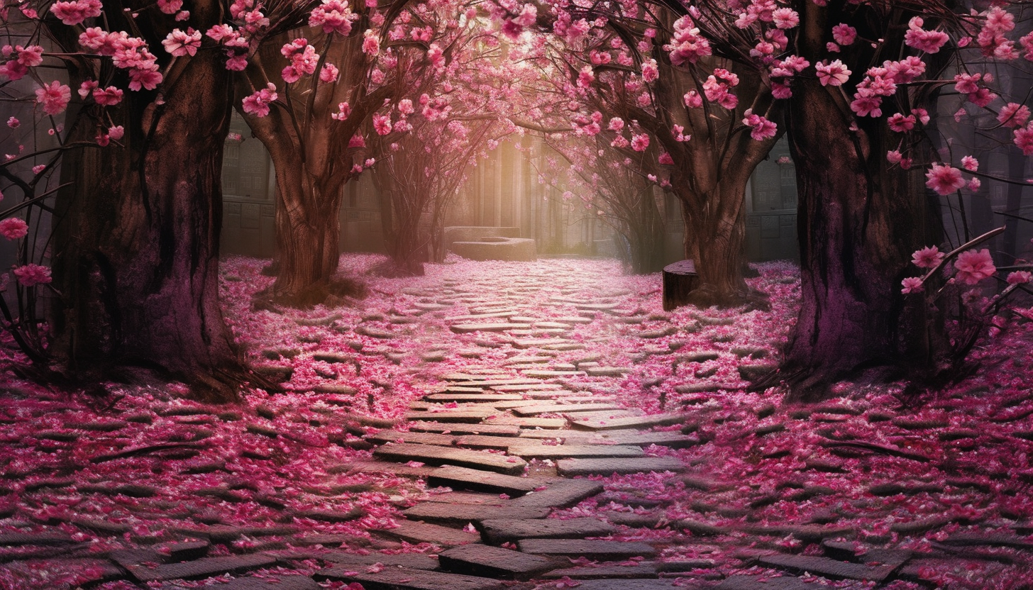 A pathway covered in cherry blossom petals.