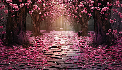 A pathway covered in cherry blossom petals.