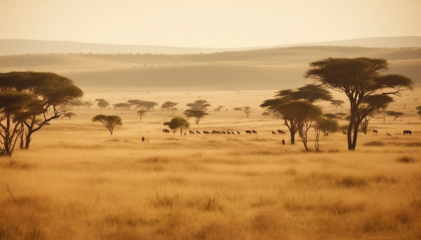 Sweeping savannah landscapes with distinctive acacia trees and grassy plains.