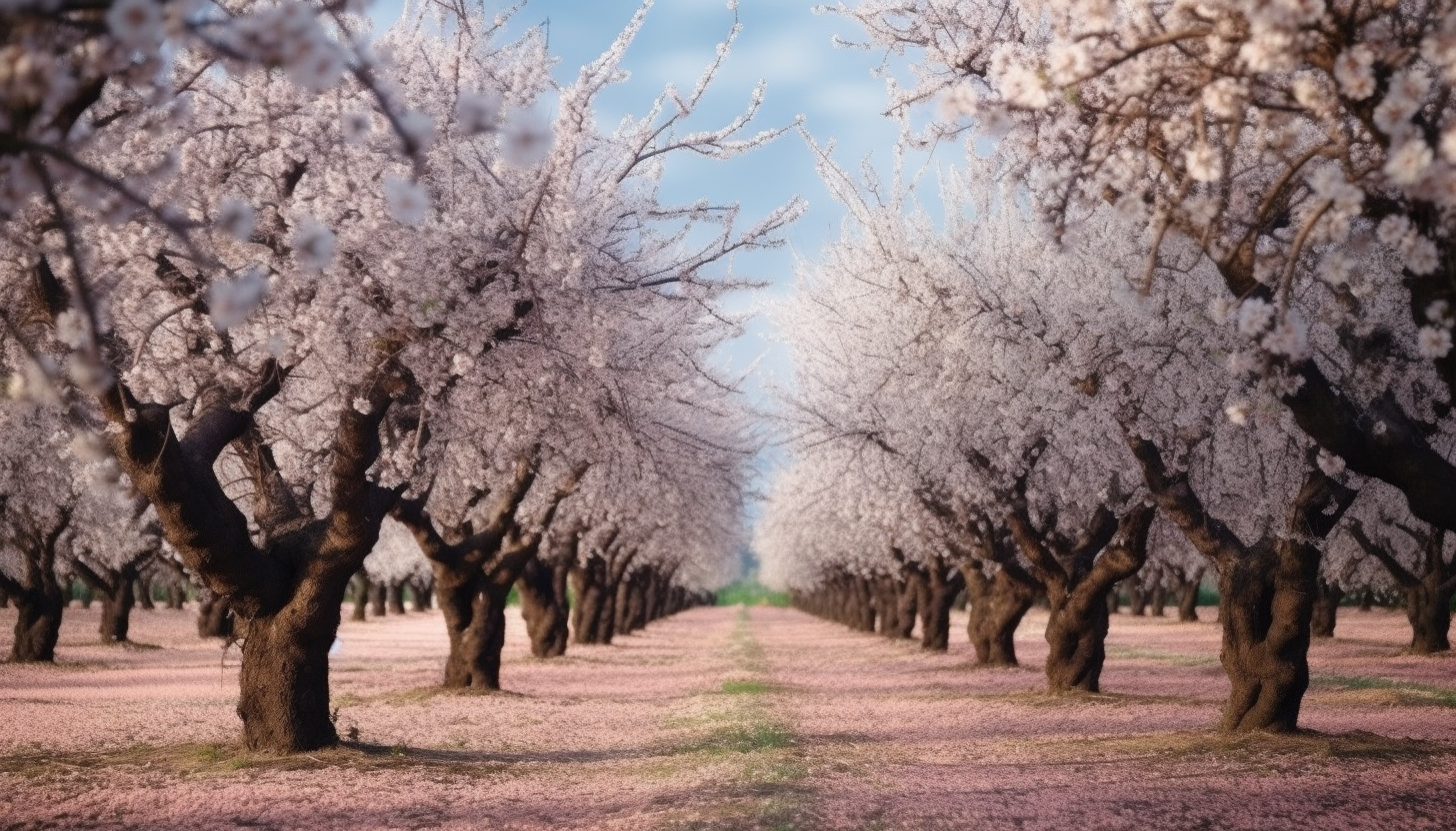 A grove of blossoming almond trees in early spring.