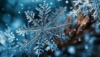 Snowflakes settling on pine needles during a quiet snowfall.