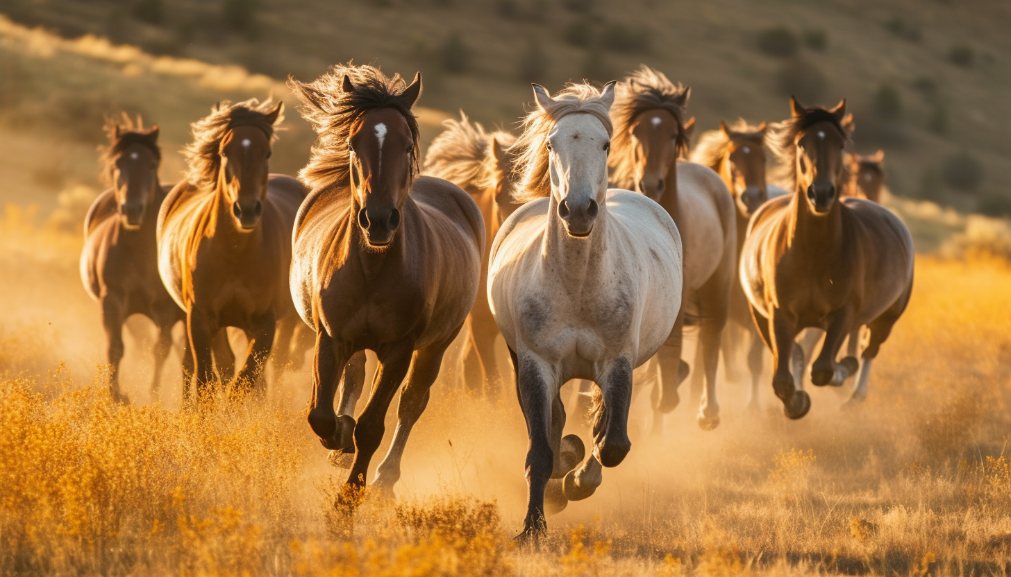 Wild horses galloping freely across open prairies.