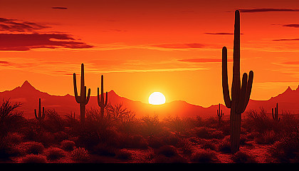 Silhouettes of cacti against a fiery desert sunset.