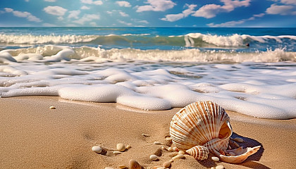 Gentle waves lapping at a sandy, seashell-strewn beach.