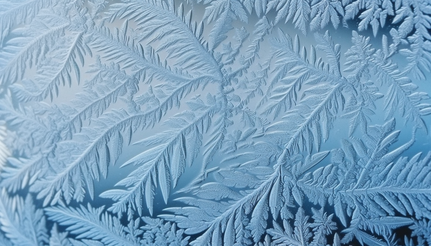 Frost patterns creating intricate designs on a windowpane.