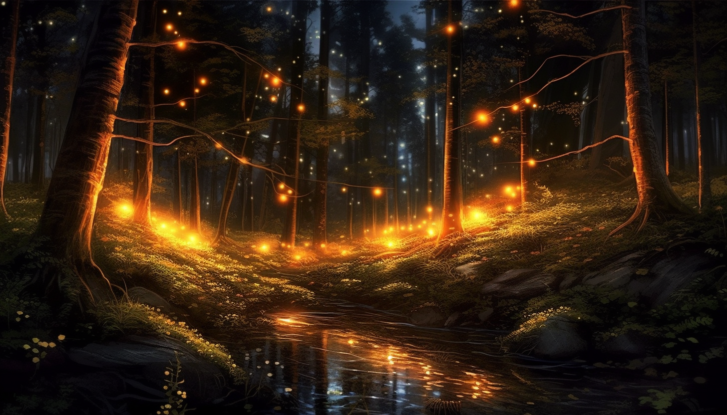 Fireflies illuminating a warm summer night in the forest.