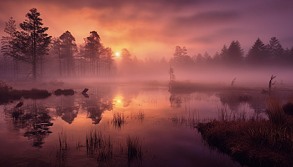 Mist rising from a tranquil lake at dawn.