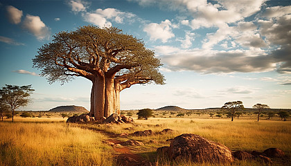 An ancient baobab tree standing alone in the savannah.