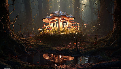 Mushrooms growing in a fairy-like ring in a woodland.