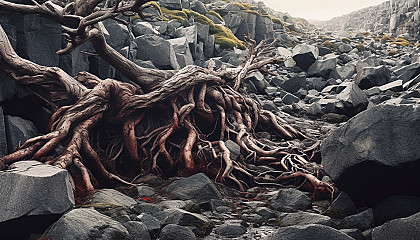 Gnarled tree roots breaking through a rocky landscape.