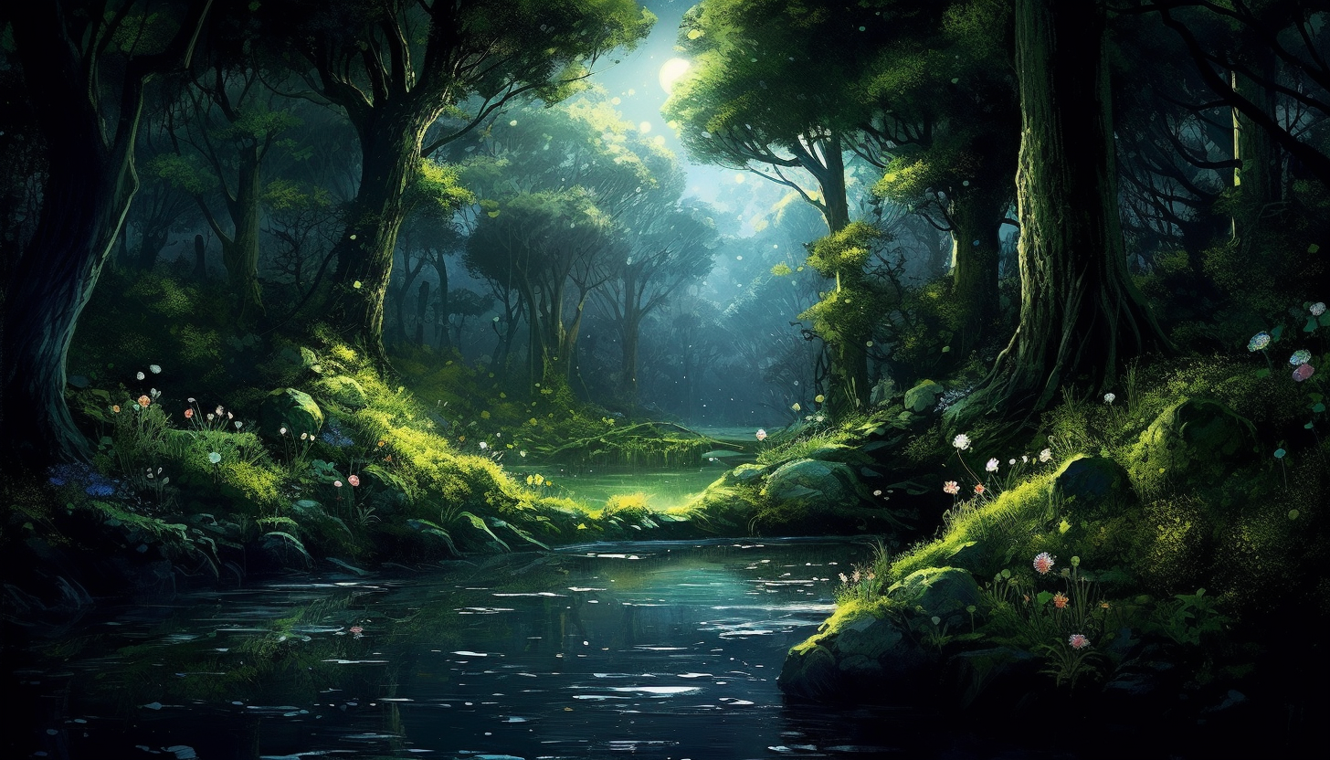 A secluded glade bathed in the ethereal light of the moon.